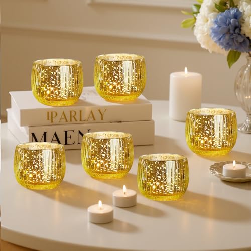 IMAGE Votive Gold Candle Holders, Elegant Glass Tea Light Holder for Weddings, Diwali, Home Decor, Shower, Party & Gift (6)