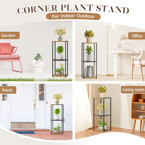KMOTASUO 3 Tier Tall Plant Stands Indoor, 31 Inch Metal Wood Corner Plant Stand for Indoor Plants, Square Flower Pot Holder Shelf Display Rack for Balcony Garden Patio Living Room(Rustic Brown) - color: Vintage Brown, size: 3 Tier