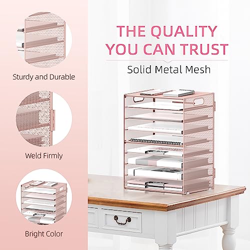 DALTACK 9-Tier Paper Organizer for Desk, Mesh Letter Tray Desk Organizer with Handles, Space-Saving File Organizer for Office Home School, Pink - color: Desk Organizer Pink