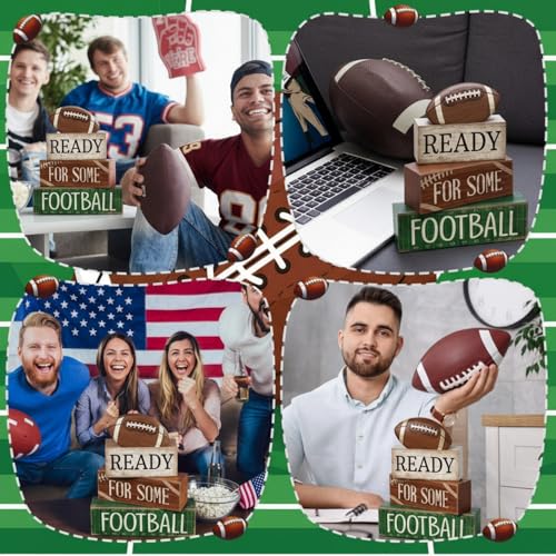 Yuntau 4 Pcs Football Fall Table Decoration Happy Football Wooden Block Sign Rugby Tiered Tray Decor Centerpiece Decorative Faux Book Stack for Holiday Tabletop Fireplace Shelf Desk Party Decor - style: Classic Football