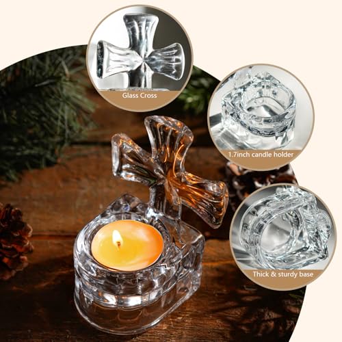 kanpura Clear Glass Cross Candle Holder 4" High Christian Tea Light Holder Cross Crystal Votive Candle Holders for Religious in Box(Single)