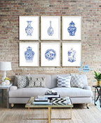 Chinoiserie Wall Art Print-- Bedroom or Study Decor -- Chinese Blue White Porcelain Vase Canvas Print ( Set of 6 )--Unframed--8X10 inch 1