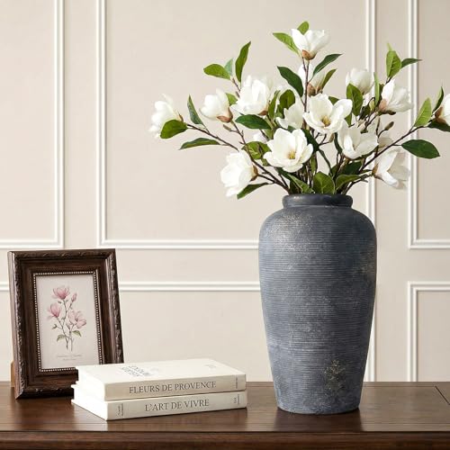 Rustic Distressed Ceramic Threaded Vase, 11"H Handmade Wabi Sabi Decor Vase (Deep Charcoal with Light Gray Weathering and Wheat Beige Patches) for Living Room Table Centerpieces, Entryway & Fireplace - size: 11 inch-A
