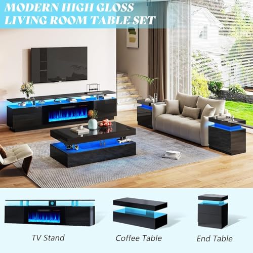 AMERLIFE Fireplace TV Stand with 40" Fireplace, 80" Modern Fireplace Entertainment Center LED Lights, 2 Tier TV Console Cabinet for TVs Up to 90", Obsidian Black - color: Black, size: 80"