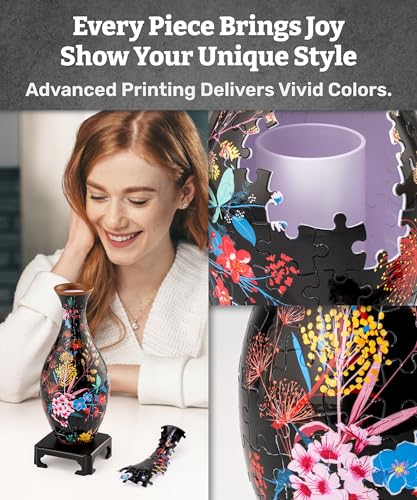 Pintoo 3D Puzzle Vase Unique Flower Vase Made by 160 Curved Plastic Puzzle Pieces House Warming Gift for Flower Arrangements and Home Decoration, for Mom [S1031] (Classic, Elegant Floral Print) - color: Elegant Floral Print, size: classic