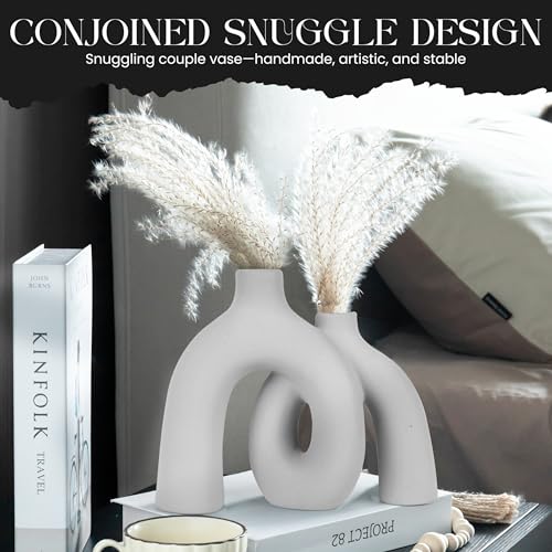 Ceramic Hug Vase (Soft Gray) Modern Donut Style Hugging Vases for Flowers Minimalist Decor – Hollow Ceramic Waterproof Home Decor Vases for Living Room, Bed Room, Book Shelf, Entryway Table. - color: Soft Gray