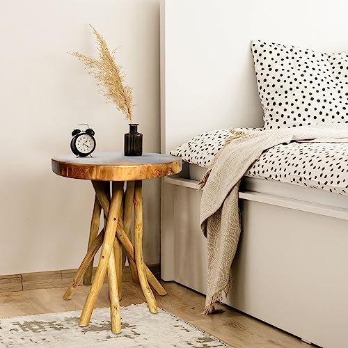 WELLAND Teak Wood Stick Leg End Table, 16" L x 16" W x 20" H Rustic Side Table, Small Accent Table, Plant Stand for Living Room, Bedroom, Home Office