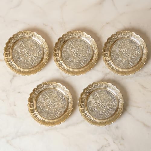Shubhkart Brass Engraved Nakshi Plate Set 10.7cm (Pack of 5) Indian Decorative Ritual Plates for Puja, Meditation & Festive Décor | Traditional Hindu Offering Plates for Home Altar & Cultural Gifting - size: Large (Pack of 5)
