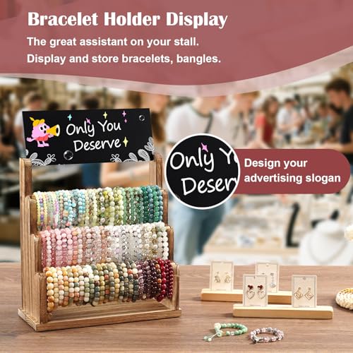 Emfogo Bracelet Holder with Advertising Board, 3 Tier Bracelet Organizer Stand Storage for Bracelets Bangles Watch Scrunchies, Rustic Wood Jewelry Display for Vendors, Craft Shows (Rustic Brown) - color: Rustic Brown