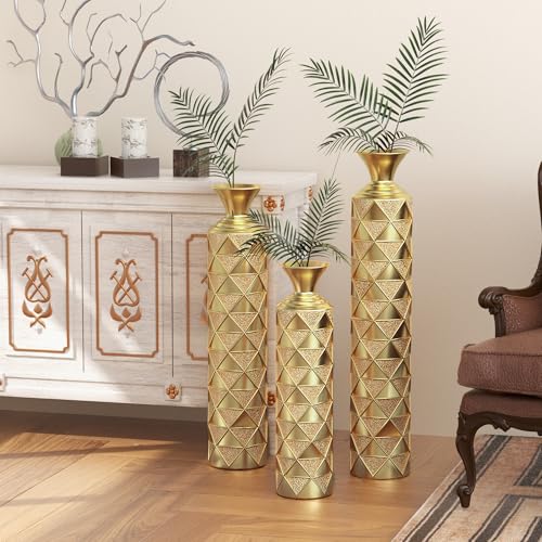 Floor Vases, Tall Home Decor Metal Vase Set of 3 Large Glazed Decorative Vases for Wedding Decor, Elegant Modern Flower Holder for Living Room, Entryway, Hallway, Dining Room - color: Geo Gold