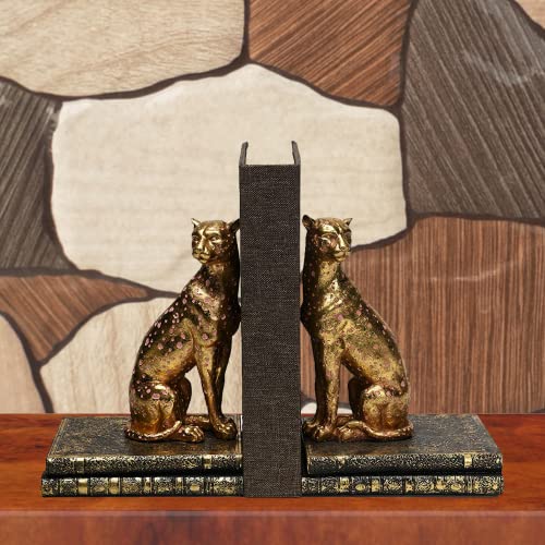 Comfy Hour 9.1" Gold Cheetah Egyptian Bastet Figurine Style Bookends, Antique Vintage Leopard Statue Home Decor, Heavy Duty Animal Book Stoppers Pair