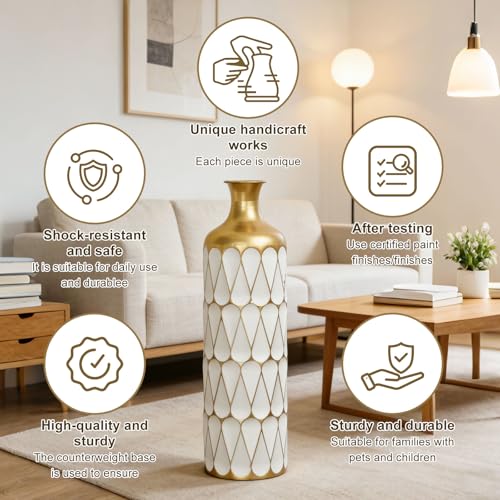 Floor Vases, Tall Home Decor Metal Vase Set of 3 Large Glazed Decorative Vases for Wedding Decor, Elegant Modern Flower Holder for Living Room, Entryway, Hallway, Dining Room - color: Triangle White Gold