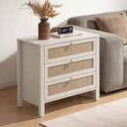 SICOTAS White Night Stand with Drawers - Large Rattan Bedside Table with Golden Handle, 3 Drawers Nightstand Tall End Table Side Table Boho Nightstand for Bedroom - color: White Cream Oak