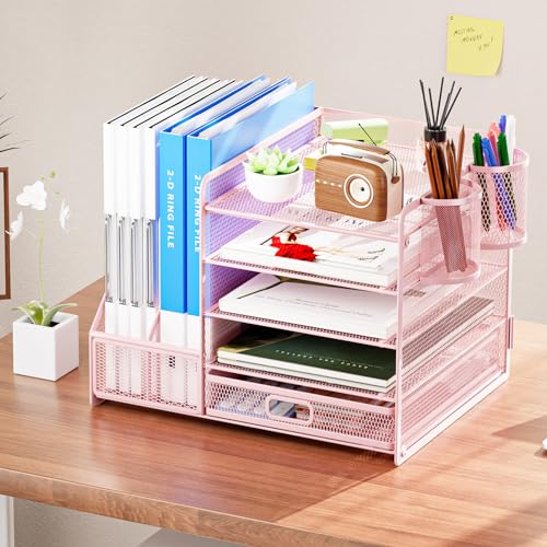 Marbrasse Desk Organizer with File Holder, 5-Tier Paper Letter Tray Organizer with Drawer and 2 Pen Holder, Mesh Desktop Organizer and Storage with Magazine Holder for Office Supplies(Pink) - color: Pink