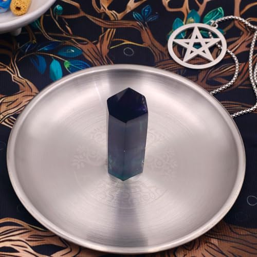 5.5inch Altar Ritual Plate Dish Stainless Steel Flat Bowl Round Metal Jewelry Tray Prayer Astrology Tarot Offering Plate Ring Trinket Holder for Smudging Decoration Trays Silver (Tree of Life Silver) - color: Tree of Life Silver