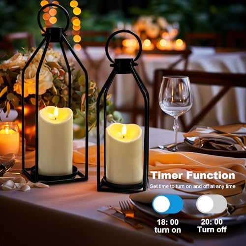 Homemory Modern Farmhouse Lantern Decor with Waterproof Flameless Candle & Remote Timer, 2PCS Black Metal Candle Lantern Decorative for Outdoor Indoor Home Living Room Patio Porch Table - color: Black