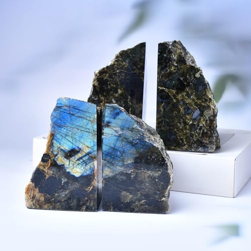 Blue Labradorite Bookends Heavy Duty Healing Crystal Stone Book Holders Decorative Book Ends Office Home Decor Small 1 Pair 2-3 Lbs - color: Labradorite, size: 2-3 pound