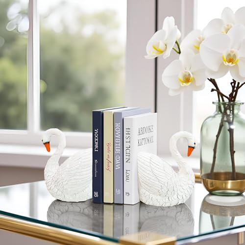 SSwan Book Ends Decorative Bookends for Shelves, Elegant Swan Bookends for Bookshelf Decor, Animal Decorative Book Stoppers for Home Office - color: Swan-white