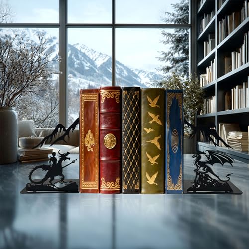 Dragon Bookends – Metal Book Ends Decorative for Shelves, Unique Fantasy Book Ends Holder, Cute Novelty Vintage Bookends, Bookshelf Decor Heavy Duty Stopper for Kids and Adults - color: Fantasy Dragon