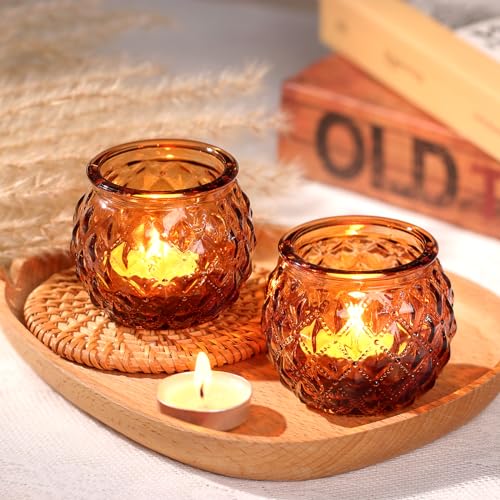 DARJEN Amber Votive Candle Holders Set of 24 - Round Glass Candle Holders for Table Centerpiece, Tea Lights for Home & Vintage Wedding Decorations - color: Amber