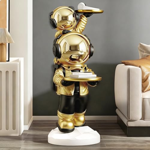 Large Astronaut Statue, Astronaut Sculpture, Astronaut Decoration, Cool Metal mask Decor, Floor Sculpture, Suitable for Living Room, Bedroom, Stores, etc., Tray can be Used for Storage - color: Matte Gold