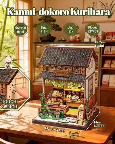 Book Nook Kit - DIY Miniature Japanese Wagashi Shop, 3D Wooden Puzzle Dollhouse with LED Lights, Tiny Bookend & Creative Bookshelf Decor, Craft Gift for Adults, Teens & Book Lovers - style: Wagashi Shop