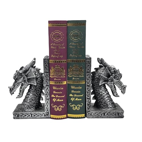 Book Ends for Shelves to Hold Books Heavy Duty,Decorative Bookend for Bookshelf Décor, Animal Dragon Book Stopper Dragon Statues for Home, Office Desk, Living Room Decoration,Vintage Silver,1pair - style: Dragon