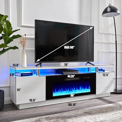 AMERLIFE Fireplace TV Stand with 36" Fireplace, 70" Modern Fireplace Entertainment Center LED Lights, 2 Tier TV Console Cabinet for TVs Up to 80", Ivory White - color: White & Black, size: 70"