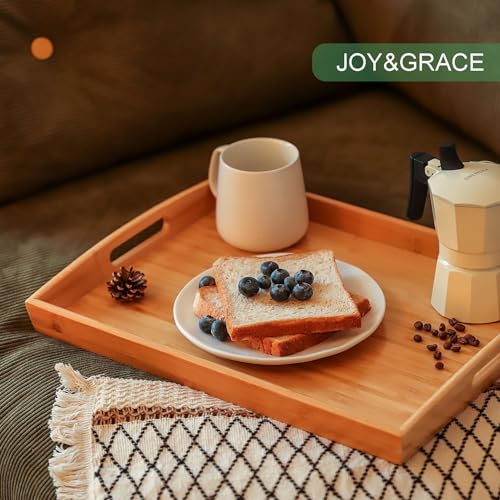 Joy&Grace Bamboo Serving Tray with Handles, Dinner Food Tray for Bed Breakfast Eating and Serving, for Coffee Table Ottoman TV, Decorative Wood Large Charcuterie Platter 16.8 x 12.5 inch 1 Pack