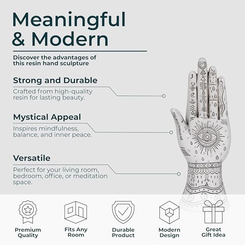 Resin Tattoo Hand Figurine for Home and Office Decor - Artistic Symbols Accent Display for Bathroom, Living Room, and Shelf - Graphic Sculpture Ornament for Coffee Table Decor - 10", White & Black - color: White