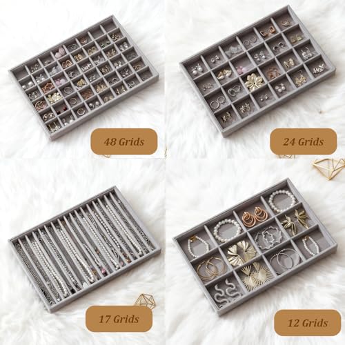 Large Jewelry Drawer Organizer Trays Set of 4, Stackable Velvet Jewelry Trays Organizer Holder Display Storage Showcase for Earring Necklace Bracelet Ring Accessary (Gray, 12+17+24+48 Grids) - color: Gray, size: 12+17+24+48 Grids