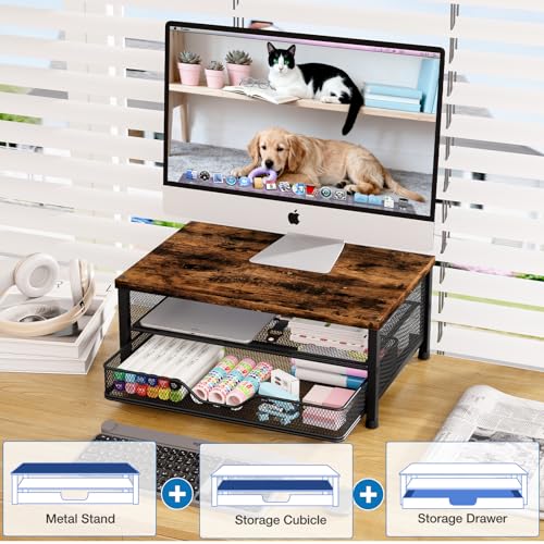 OPNICE Wood Computer Monitor Stand Riser, Desk Organizer with Drawer, Laptop Stand, Office Desk Accessories & Workspace Desktop Organizers Storage for Office Supplies(Brown) - color: Brown