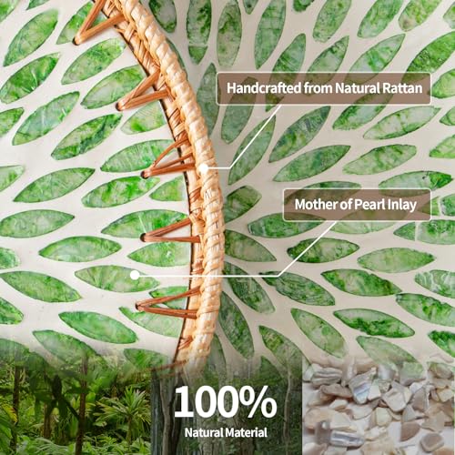 14 inch Round Rattan Tray Home Decor, Wicker Serving Tray with Mother of Pearl Inlay, Boho Decorative Tray for Coffee Table, Display, Ottoman, Kitchen Table, Bathroom (Green) - color: Green Leaf, size: 14 inch