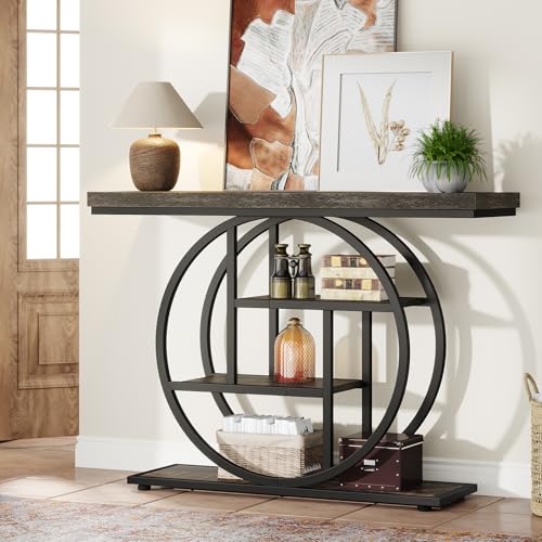 Tribesigns 41.3" Console Table, Industrial 4-Tier Sofa Table Entryway Table with Circle Base, Narrow Wood Accent Tables with Storage Shelves for Living Room, Hallway, Foyer, Charcoal Black - color: Charcoal Black