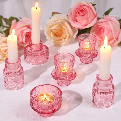 HAVITI 6 PCS Candlestick Holders, Pink Taper Candle Holders, Tealight Candle Holder Glass for Galentines Valentines Wedding Centerpieces Dinner Party Baby Shower Table Decor - color: Pink