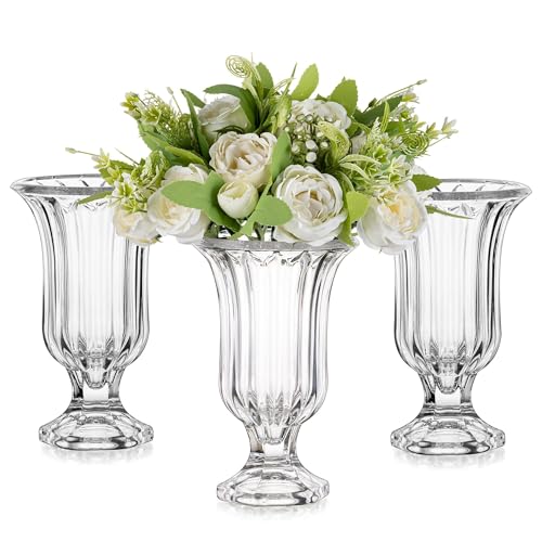 Glasseam Pedestal Glass Vase for Flowers, 7.5in Tall Compote Vase Set of 3, Crystal Clear Vases for Centerpieces, Ribbed Decorative Vases for Home Decor, Cute Footed Urn for Living Room Decorations - size: Large