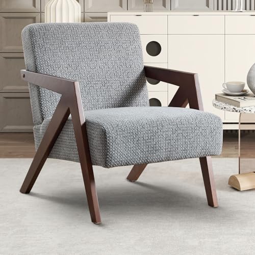 INZOY Mid Century Modern Accent Chair with Wood Frame, Upholstered Reading Armchair with Soft Linen Fabric, Accent Chair for Living Room Bedroom Apartment, Easy Assembly, Blue - color: Chenille Blue