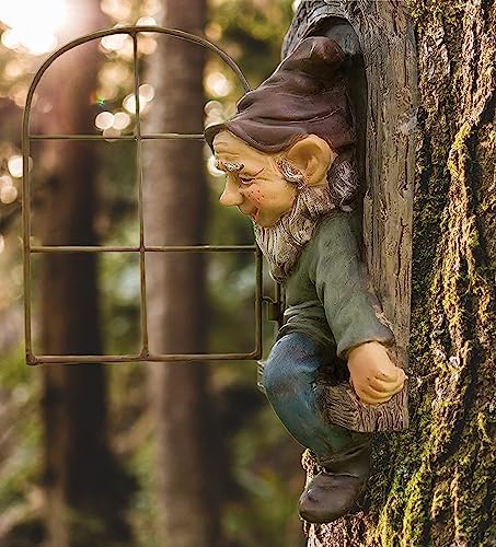 Teaeeno 12-inch Elf Out The Door Tree Hugger, Garden Gnome Statue Decor Outdoor, Large Outdoor Tree Hugger for Yard Art, Trees Decorations Outdoor Wallmounted Statue - color: Black