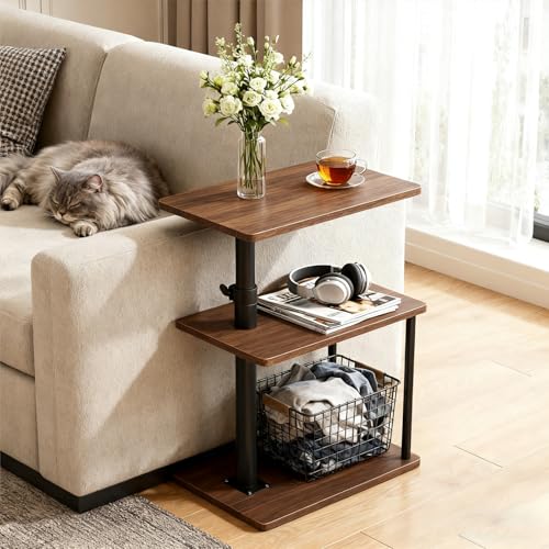 Faesun Swivel Side Table for Couch Arm, Height Adjustable C Shaped End Table for Recliner or Bed, Tv Trays with Storage Shelf for Small Spaces- Small Nightstand for Living Room, Bedroom - color: Walnut