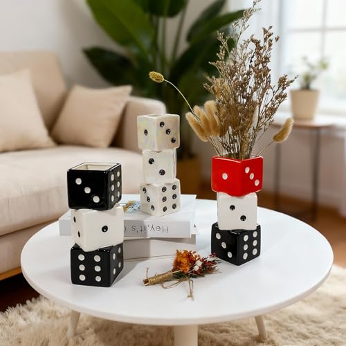 Tnstbiee Triple Dice Ceramic Vase – Elegant Black & White Decorative Vase for Home & Bar, Perfect for Flowers | Unique Centerpiece for Dining Table, Coffee Table & Entryway | Stylish Decor for Kitchen - color: Black and White Dice Vase