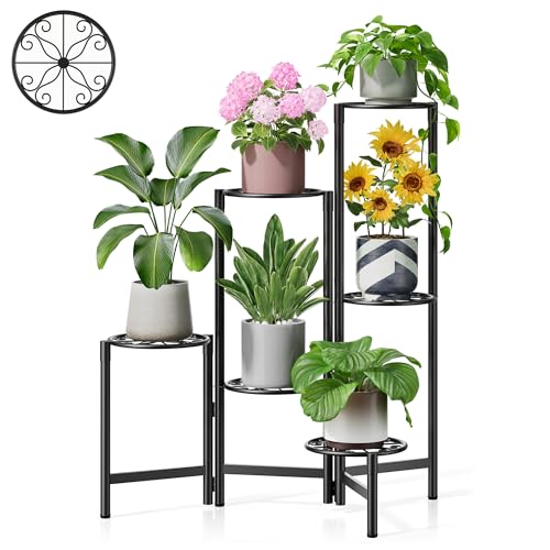 6 Tier Large Plant Stand Indoor with 7.9-Inch Wide Drainage Tray, Tiered Corner Metal Outdoor Flower Display Holder Shelf, Folding Tall Rack for House Patio Porch Balcony Graden - BlackS - color: BlackS, size: 6-Tiers