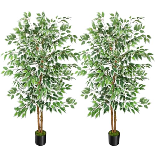 GTIDEA 2 Pcs 5ft Ficus Artificial Trees, Tall Faux Trees with Natural Trunk, Fake Silk Tree Artificial Plants for Home Decor Indoor Living Room Outdoor Balcony House Office (Included Dried Moss) - color: 5ft-2packs