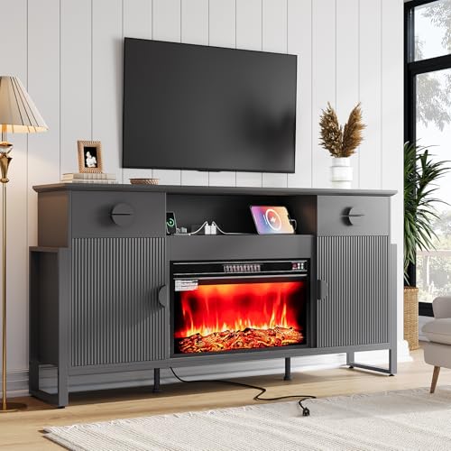 LGHM 70'' Fireplace TV Stand for TVs Up to 80 Inch, Fluted TV Stand with 30" Fireplace & Power Outlets, Farmhouse Entertainment Center with Storage Drawers for Living Room, Black - size: 38''H & Fireplace