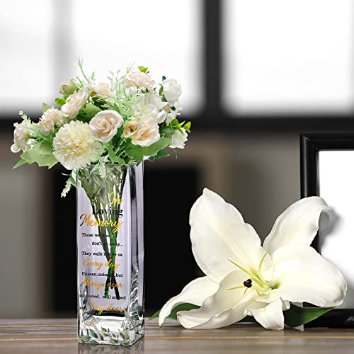 Hoolerry Botanical Theme Memorial Glass Vase with Sympathy Verse, Clear, Rectangular, 3.15 x 3.15 x 9.84 Inches, Decorative Flower Vase for Funeral, Memorial Parties, Table Top Centerpiece