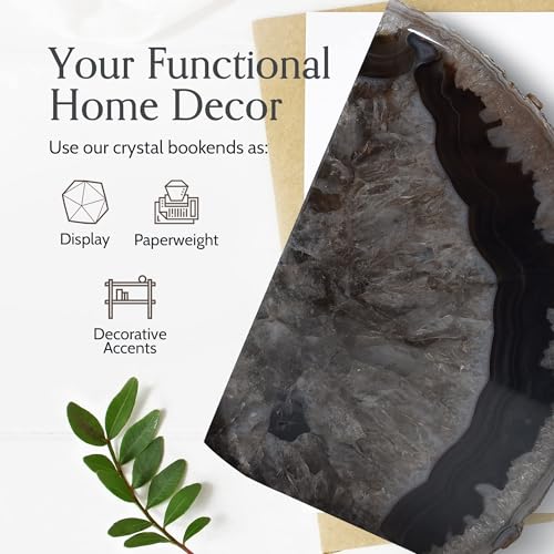 Nature's Decorations A Quality Black Agate Geode Bookends - Heavy Duty with Non-Skid Rubber Bumpers for Shelves, Office, Home Decor - Cool Crystal Stone (1 Pair 3-4 LB) - color: Black, size: A Grade 3 - 4 Lbs