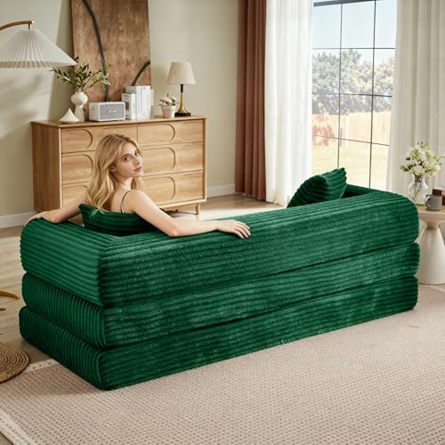 Boneless Couch Versatile Couches for Living Room No-Install Sofa Bed Corduroy Futon Soft Cloud Couch with Pillows for Bedroom Game Movie (Green, 76") - color: Green