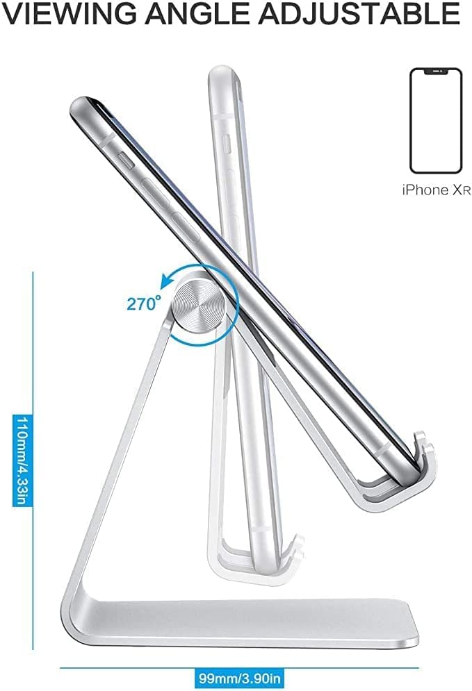 Adjustable Cell Phone Stand, OMOTON Aluminum Desktop Cellphone Stand with Anti-Slip Base and Convenient Charging Port, Fits All Smart Phones, Silver - color: Silver