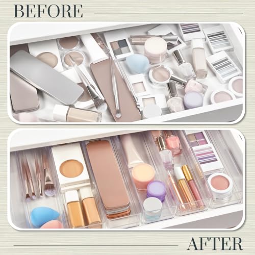STORi SimpleSort 6-Piece Stackable Clear Drawer Organizer Set | 12" x 3" x 2" Rectangle Trays | Narrow Makeup Vanity Storage Bins and Office Desk Drawer Dividers | Made in USA - size: 12x3x2" (Set of 6)