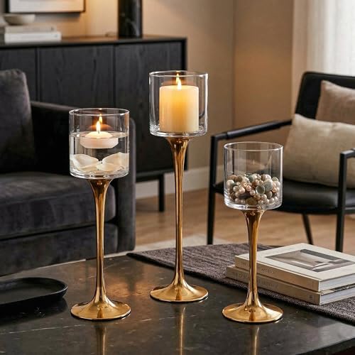 Royal Imports Glass Candleholder Flower Vase, Floating & Pillar Candle Centerpiece Display, Decorative Hurricane on Pedestal for Home or Wedding Set of 3, Gold - color: Gold