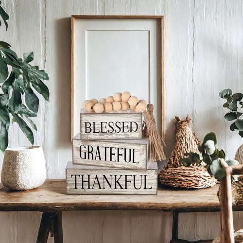 4 Pcs Farmhouse Wooden Tabletop Decor Neutral Farmhouse Tiered Tray Decor Rustic Retro Wood Bead Garland Blessed Grateful Thankful Block Sign Centerpiece for Coffee Home Office Shelf Mantle Table - style: Blessed
